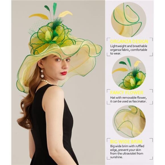 Women's Kentucky Derby Church Dress Hat 10-yellow,green - Picture 4 of 7